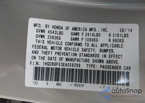 2014 Honda Accord Hybrid Ex-L z USA, uszkodzony, nr VIN 1HGCR6F53EA009299